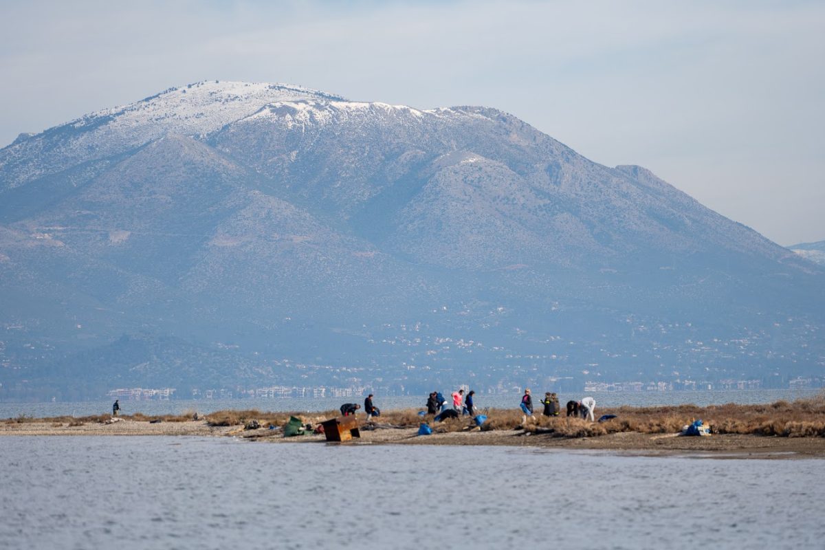 volunteers cleaning beach snow mountain greece